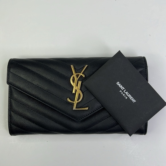 YVES SAINT LAURENT YSL MONOGRAM CHEVRON  BLACK GOLD  CONTINENTAL FLAP WALLET - Picture 12 of 16